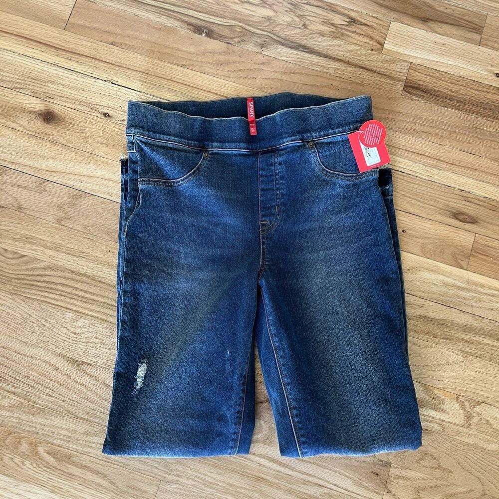 Spanx Distressed Denim Legging Jeans Medium Blue Wash Raw Hem size Medium NWT
